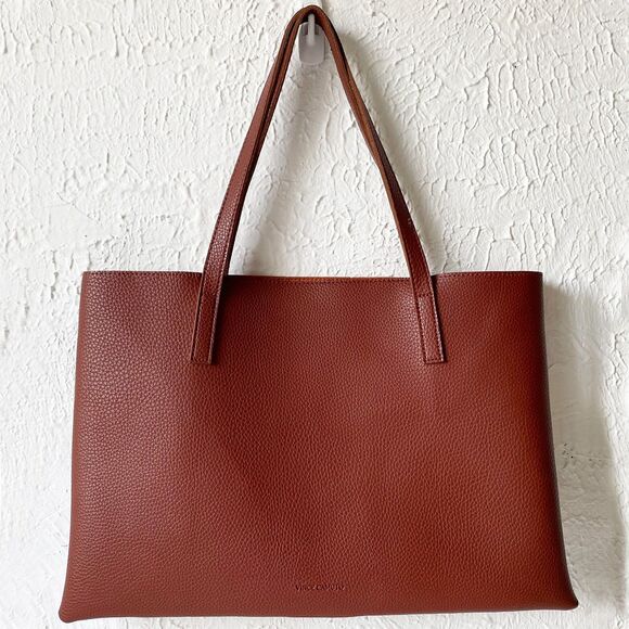 Vince Camuto Luck Tote Brown/Black Pebbled Vegan Leather Shoulder Bag Handbag - Picture 2 of 5